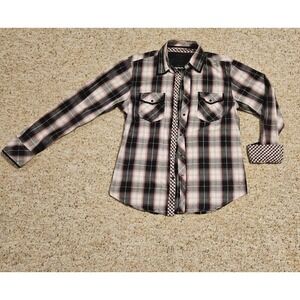 Vintage Guess Western Size S Black/Maroon Plaid Snap front‎ Double pocket shirt